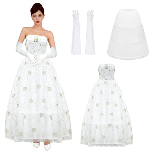 LIKUNGOU Princess Mia Weiß Trägerloses Kleid Floral Maxi mit Petticoat Handschuhe Frauen Cocktail Hochzeit Party Kleid (XXL) von LIKUNGOU