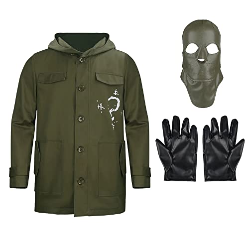LIKUNGOU the Riddler Edward Nygma Cosplay Kostüm Mantel Kapuzenjacke mit Ledermaske Handschuhe Outfit Full Set für Halloween Maskerade Requisiten Erwachsene Männer Grün (L) von LIKUNGOU