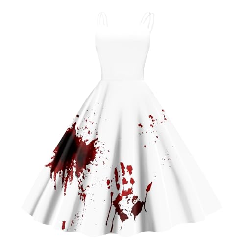 Halloween Kostüm Damen Gruselig Blutige Halloween-Kleid Horror Blutabdruck Zombie Braut Kostüm Ärmellose Spaghettiträger Herbstkleid A-Linie Hohe Taille Knielang Midikleid Cosplay Kostüme(#A White,XL） von LILIHOT