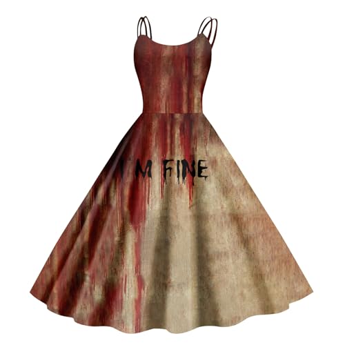 Halloween Kostüm Damen Gruselig Blutige Halloween-Kleid Horror Blutabdruck Zombie Braut Kostüm Ärmellose Spaghettiträger Herbstkleid A-Linie Hohe Taille Knielang Midikleid Cosplay Kostüme(#B Ginger,M） von LILIHOT