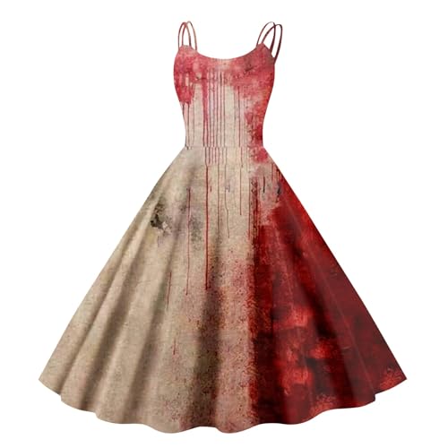 Halloween Kostüm Damen Gruselig Blutige Halloween-Kleid Horror Blutabdruck Zombie Braut Kostüm Ärmellose Spaghettiträger Herbstkleid A-Linie Hohe Taille Midikleid Cosplay Kostüme(#A Vermilion,XXL） von LILIHOT