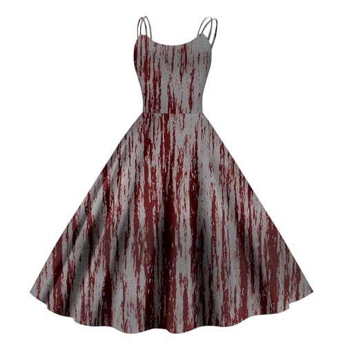 Halloween Kostüm Damen Gruselig Blutige Halloween-Kleid Horror Blutabdruck Zombie Braut Kostüm Ärmellose Spaghettiträger Herbstkleid A-Linie Hohe Taille Midikleid Cosplay Kostüme(#B Watermelon Red,L） von LILIHOT