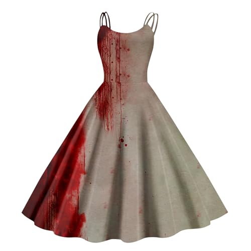 Halloween Kostüm Damen Gruselig Blutige Halloween-Kleid Horror Blutabdruck Zombie Braut Kostüm Ärmellose Spaghettiträger Herbstkleid A-Linie Hohe Taille Midikleid Cosplay Kostüme(#C Deep Red,XL） von LILIHOT