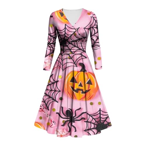 Halloween Kostüm Damen Gruselig Blutige Halloween-Kleid Horror Blutabdruck Zombie Braut Kostüm Langen Armen V-Ausschnitt Herbstkleid A Linie Hohe Taille Knielang Midikleid Cosplay Kostüme(#C Pink,S) von LILIHOT