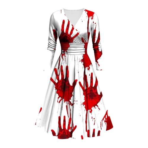 Halloween Kostüm Damen Gruselig Blutige Halloween-Kleid Horror Blutabdruck Zombie Braut Kostüm Langen Armen V-Ausschnitt Herbstkleid A Linie Knielang Midikleid Cosplay Kostüme(#B Vermilion,3XL) von LILIHOT