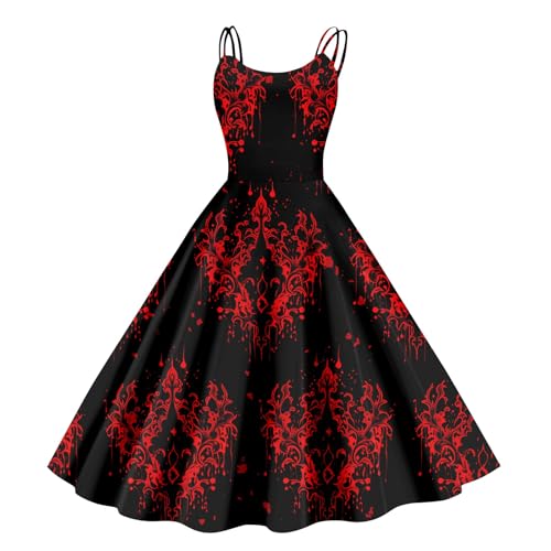 Halloween Kostüm Damen Gruselig Blutige Halloween-Kleid Horror mit Blutigem Aufdruck Zombie Braut Kostüm Ärmellos Herbstkleid A Linie Hohe Taille Midikleid Cosplay Kleider(#B Watermelon Red,XXL） von LILIHOT
