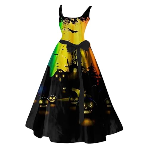 Halloween Kostüm Damen Gruselig Blutige Halloween-Kleid Horror mit Blutigem Aufdruck Zombie Braut Kostüm Ärmellos V Neck Herbstkleid A-Linie Hohe Taille Knielang Midikleid Cosplay Dress(#A Yellow,L） von LILIHOT