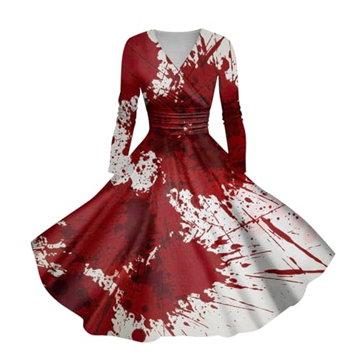 Halloween Kostüm Damen Gruselig Blutige Halloween-Kleidung Horror Blutabdruck Zombie Braut Kostüm Langen Armen V-Ausschnitt Herbstkleid A-Linie Hoher Bund Knielang Midikleid Cosplay Kostüme(#A Wine,L) von LILIHOT