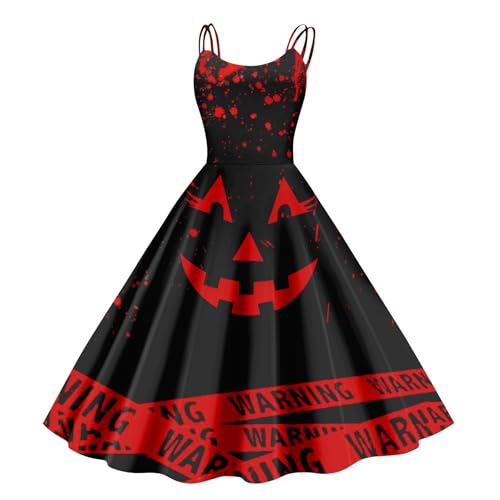 Halloween Kostüm Damen Gruselig Blutige Halloween-Kleidung Horror Blutiger Druck Zombie Braut Kostüm Ärmellos V-Ausschnitt Herbstkleid A Linie Hohe Taille Midikleid Cosplay Kostüme(#B Deep Red,XXL） von LILIHOT