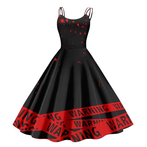 Halloween Kostüm Damen Gruselig Blutige Halloween-Kleidung Horror Blutiger Druck Zombie Braut Kostüm Ärmellos V-Ausschnitt Herbstkleid A Linie Hohe Taille Midikleid Cosplay Kostüme(#B White,XL） von LILIHOT
