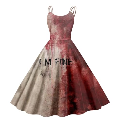 Halloween Kostüm Damen Gruselig Blutige Halloween-Kleidung Horror Blutiger Druck Zombie Braut Kostüm Ärmellos V-Ausschnitt Herbstkleid A Linie Hohe Taille Midikleid Cosplay Kostüme(#C Deep Red,L） von LILIHOT