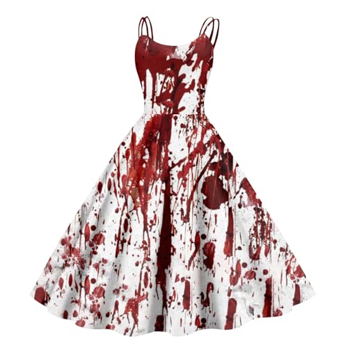 Halloween Kostüm Damen Gruselig Blutige Halloween-Kleidung Horror Blutiger Druck Zombie Braut Kostüm Ärmellos V-Ausschnitt Herbstkleid A Linie Hohe Taille Midikleid Cosplay Kostüme(#C White,L） von LILIHOT