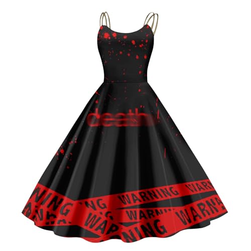 Halloween Kostüm Damen Gruselig Blutige Halloween-Kleidung Horror Blutiger Druck Zombie Braut Kostüm Ärmellos V-Ausschnitt Herbstkleid A Linie Hohe Taille Midikleid Cosplay Kostüme(#D Vermilion,M） von LILIHOT