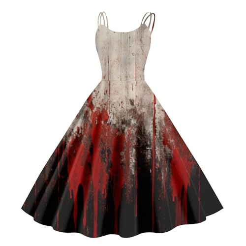 Halloween Kostüm Damen Gruselig Blutige Halloween-Kleidung Horror Blutiger Druck Zombie Braut Kostüm Ärmellos V-Ausschnitt Herbstkleid A Linie Hohe Taille Midikleid Cosplay Kostüme(#D Beige,XXL） von LILIHOT