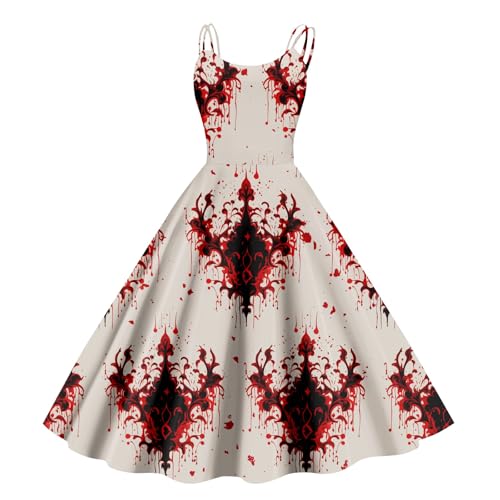 Halloween Kostüm Damen Gruselig Blutige Halloween-Kleidung Horror Blutiger Druck Zombie Braut Kostüm Ärmellos V-Ausschnitt Herbstkleid A Linie Hohe Taille Midikleid Cosplay Kostüme(#D Pink,XXL） von LILIHOT