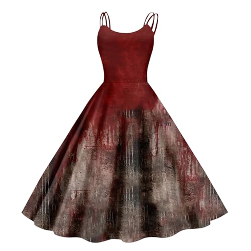 Halloween Kostüm Damen Schrecklich Blutig Halloween-Kleid Horror Blutabdruck Zombie Braut Kostüm Ärmellose Spaghettiträger Herbstkleid A Linie Hohe Taille Knielang Midikleid Cosplay Kostüme(#A Red,L） von LILIHOT