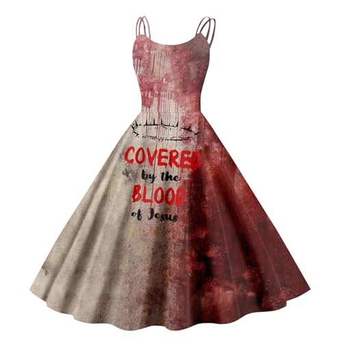 Halloween Kostüm Damen Schrecklich Blutig Halloween-Kleid Horror Blutabdruck Zombie Braut Kostüm Ärmellose Spaghettiträger Herbstkleid A Linie Hohe Taille Knielang Midikleid Cosplay Kostüme(#B Wine,M） von LILIHOT