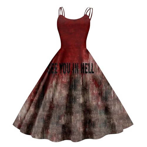 Halloween Kostüm Damen Schrecklich Blutig Halloween-Kleid Horror Blutabdruck Zombie Braut Kostüm Ärmellose Spaghettiträger Herbstkleid A Linie Hohe Taille Knielang Midikleid Cosplay Kostüme(#B Pink,M） von LILIHOT