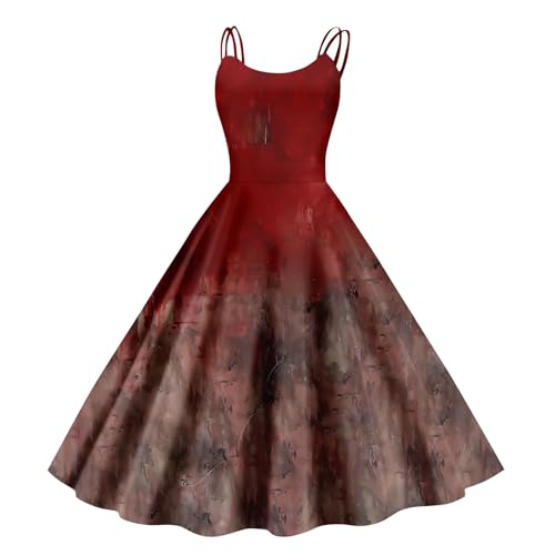 Halloween Kostüm Damen Schrecklich Blutig Halloween-Kleid Horror Blutabdruck Zombie Braut Kostüm Ärmellose Spaghettiträger Herbstkleid A Linie Hohe Taille Midikleid Cosplay Kostüme(#A Hot Pink,L） von LILIHOT