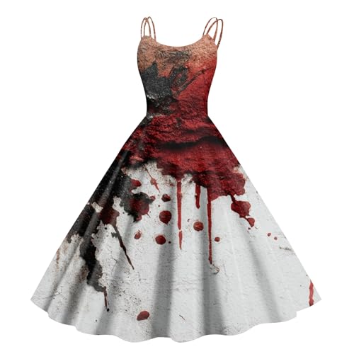 Halloween Kostüm Damen Schrecklich Blutig Halloween-Kleid Horror Blutabdruck Zombie Braut Kostüm Ärmellose Spaghettiträger Herbstkleid A Linie Hoher Bund Knielang Midikleid Cosplay Kostüme(#C Pink,L） von LILIHOT