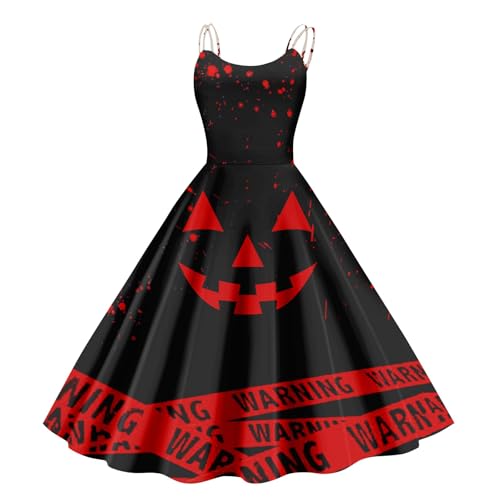Halloween Kostüm Damen Schrecklich Blutig Halloween-Kleid Horror Blutabdruck Zombie Braut Kostüm Ärmellose Spaghettiträger Herbstkleid A Linie Hoher Bund Knielang Midikleid Cosplay Kostüme(#D Red,XXL） von LILIHOT