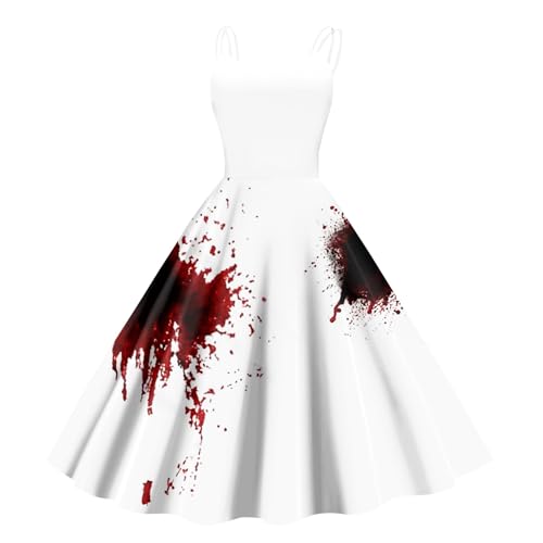 Halloween Kostüm Damen Schrecklich Blutig Halloween-Kleid Horror Blutabdruck Zombie Braut Kostüm Ärmellose Spaghettiträger Herbstkleid A Linie Knielang Midikleid Cosplay Kostüme(#A Watermelon Red,XL） von LILIHOT