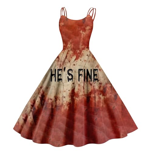 Halloween Kostüm Damen Schrecklich Blutig Halloween-Kleid Horror Blutabdrücke Zombie Braut Kostüm Ärmellose Spaghettiträger Herbstkleid A-Linie Knielang Midikleid Cosplay Kostüme(#B Saffron,XXL） von LILIHOT