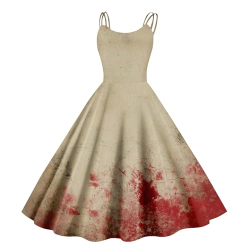 Halloween Kostüm Damen Schrecklich Blutig Halloween-Kleid Horror Blutabdrücke Zombie Braut Kostüm Ärmellose Spaghettiträger Herbstkleid A-Linie Knielang Midikleid Cosplay Kostüme(#C Watermelon Red,S） von LILIHOT