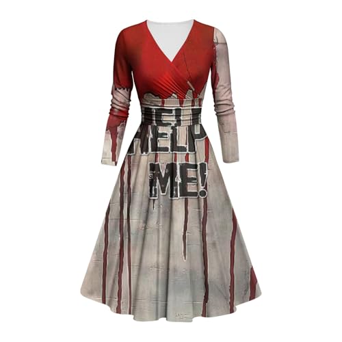 Halloween Kostüm Damen Schrecklich Blutig Halloween-Kleid Horror Blutigem Aufdruck Zombie Braut Kostüm Langarm V Neck Herbstkleid A Linie Hohe Taille Knielang Midikleid Cosplay Kostüme(#A Deep Red,S) von LILIHOT