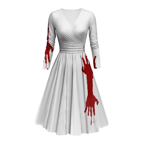 Halloween Kostüm Damen Schrecklich Blutig Halloween-Kleid Horror Blutigem Aufdruck Zombie Braut Kostüm Langarm V Neck Herbstkleid A Linie Hohe Taille Knielang Midikleid Cosplay Kostüme(#B White,4XL) von LILIHOT