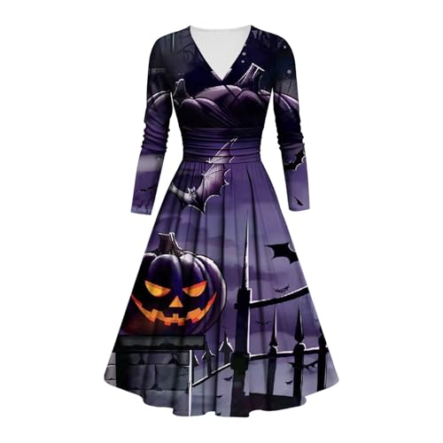 Halloween Kostüm Damen Schrecklich Blutig Halloween-Kleid Horror Blutigem Aufdruck Zombie Braut Kostüm Langarm V Neck Herbstkleid A Linie Hohe Taille Knielang Midikleid Cosplay Kostüme(#C Purple,L) von LILIHOT
