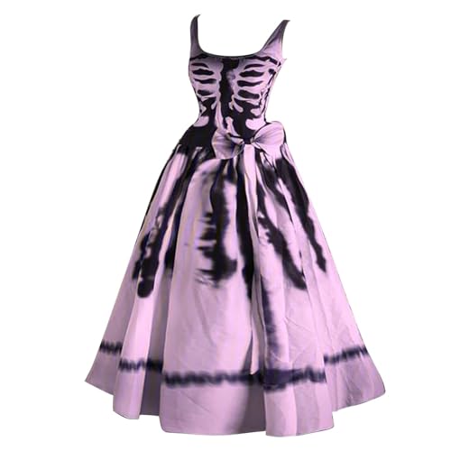 Halloween Kostüm Damen Schrecklich Blutig Halloween-Kleid Horror Blutiger Druck Zombie Braut Kostüm Ärmellos V Ausschnitt Herbstkleid A Linie Knielang Midikleid Cosplay Kostüme(#B Light Purple,XL） von LILIHOT