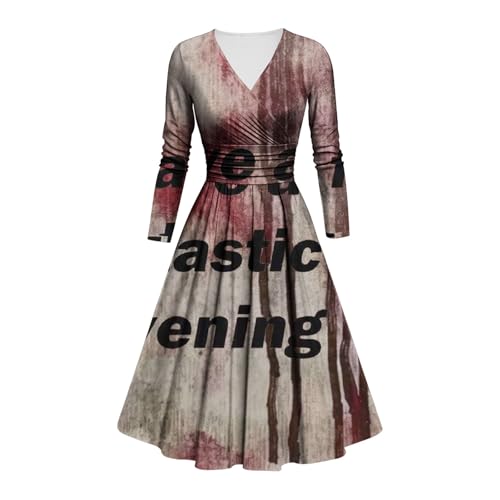 Halloween Kostüm Damen Schrecklich Blutig Halloween-Kleidung mit Blutigem Aufdruck Zombie Braut Kostüm Langarm V Neck Herbstkleid A-Linie Hoher Bund Knielang Midikleid Cosplay Kostüme(#B Khaki,4XL) von LILIHOT