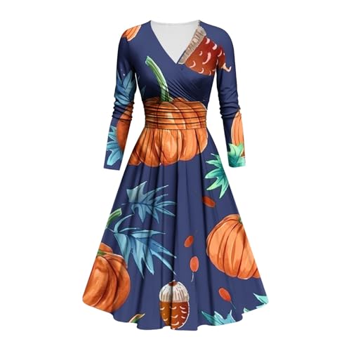 Halloween Kostüm Damen Schrecklich Blutig Halloween-Kleidung mit Blutigem Aufdruck Zombie Braut Kostüm Langarm V Neck Herbstkleid A-Linie Hoher Bund Knielang Midikleid Cosplay Kostüme(#B Dark Blue,S) von LILIHOT