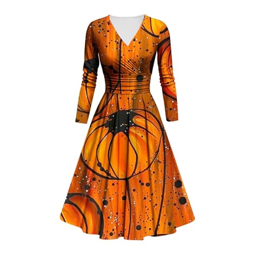 Halloween Kostüm Damen Schrecklich Blutig Halloween-Kleidung mit Blutigem Aufdruck Zombie Braut Kostüm Langarm V Neck Herbstkleid A-Linie Hoher Bund Knielang Midikleid Cosplay Kostüme(#C Saffron,L) von LILIHOT