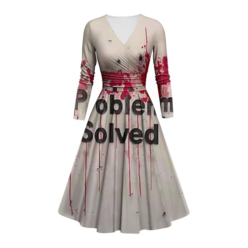 Halloween Kostüm Damen Schrecklich Blutig Halloween-Kleidung mit Blutigem Aufdruck Zombie Braut Kostüm Langarm V Neck Herbstkleid A-Linie Knielang Midikleid Cosplay Kostüme(#A Vermilion,4XL) von LILIHOT