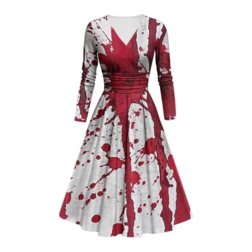 Halloween Kostüm Damen Schrecklich Blutig Halloween-Kleidung mit Blutigem Aufdruck Zombie Braut Kostüm Langarm V Neck Herbstkleid A-Linie Knielang Midikleid Cosplay Kostüme(#A Watermelon Red,XXL) von LILIHOT