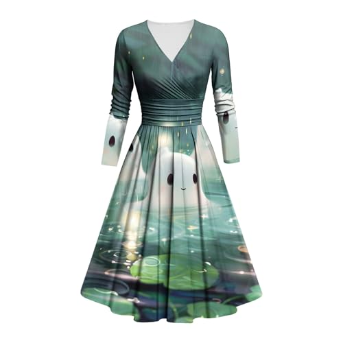 Kostüm Halloween Damen Gruselig Blutige Halloween-Kleid Horror mit Blutigem Aufdruck Zombie Braut Kostüm Langarm V Neck Herbstkleid A Linie Hohe Taille Knielang Midikleid Cosplay Kostüme(#B Green,3XL) von LILIHOT