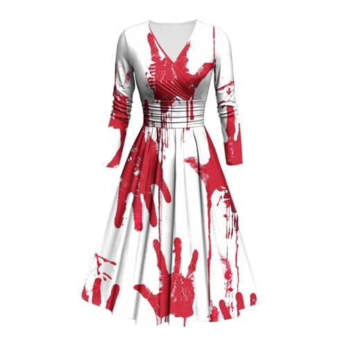 Kostüm Halloween Damen Gruselig Blutige Halloween-Kleid Horror mit Blutigem Aufdruck Zombie Braut Kostüm Langarm V Neck Herbstkleid A Linie Hohe Taille Knielang Midikleid Cosplay Kostüme(#B Wine,4XL) von LILIHOT