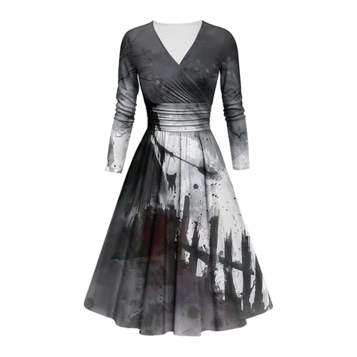 Kostüm Halloween Damen Gruselig Blutige Halloween-Kleid Horror mit Blutigem Aufdruck Zombie Braut Kostüm Langarm V Neck Herbstkleid A Linie Knielang Midikleid Cosplay Kostüme(#A Dark Gray,5XL) von LILIHOT