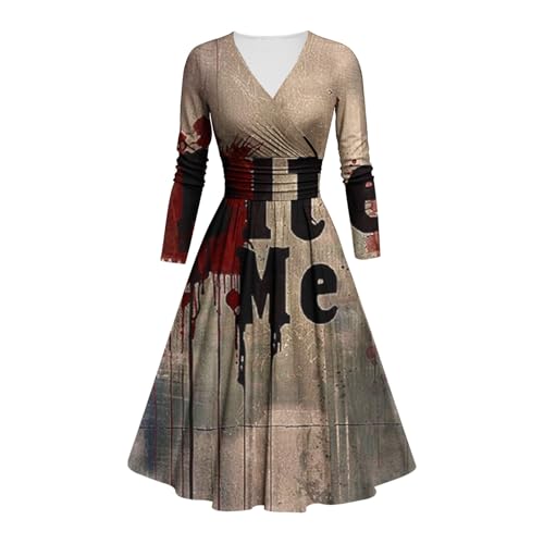 Kostüm Halloween Damen Gruselig Blutige Halloween-Kleid Horror mit Blutigem Aufdruck Zombie Braut Kostüm Langarm V Neck Herbstkleid A Linie Knielang Midikleid Cosplay Kostüme(#A Light Gray,4XL) von LILIHOT