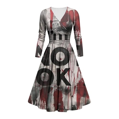 Kostüm Halloween Damen Gruselig Blutige Halloween-Kleid Horror mit Blutigem Aufdruck Zombie Braut Kostüm Langarm V Neck Herbstkleid A Linie Knielang Midikleid Cosplay Kostüme(#C Light Gray,3XL) von LILIHOT