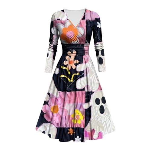 Kostüm Halloween Damen Gruselig Blutige Halloween-Kleid Horror mit Blutigem Aufdruck Zombie Braut Kostüm Langarm V Neck Herbstkleid A Linie Knielang Midikleid Cosplay Kostüme(#C Purple Pink,L) von LILIHOT