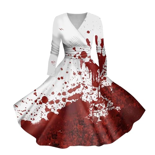 Kostüm Halloween Damen Gruselig Blutige Halloween-Kleidung Horror mit Blutigem Aufdruck Zombie Braut Kostüm Lange Arm V Neck Herbstkleid A-Linie Knielang Midikleid Cosplay Kostüme(#A Deep Red,XL) von LILIHOT