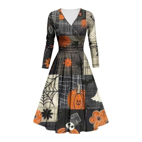 Kostüm Halloween Damen Gruselig Blutige Halloween-Kleidung Horror mit Blutigem Aufdruck Zombie Braut Kostüm Lange Arm V Neck Herbstkleid A-Linie Knielang Midikleid Cosplay Kostüme(#B Dark Gray,M) von LILIHOT
