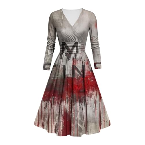 Kostüm Halloween Damen Schrecklich Blutig Halloween-Kleid Horror Blutigem Aufdruck Zombie Braut Kostüm Langarm V-Ausschnitt Herbstkleid A Linie Hohe Taille Knielang Midikleid Cosplay Dress(#A Red,XXL) von LILIHOT