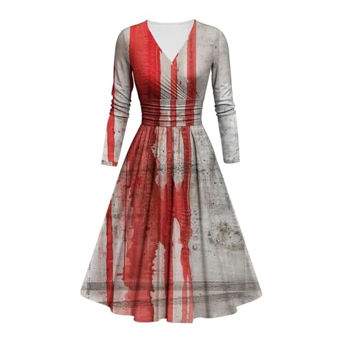 Kostüm Halloween Damen Schrecklich Blutig Halloween-Kleid Horror Blutigem Aufdruck Zombie Braut Kostüm Langarm V-Ausschnitt Herbstkleid A Linie Hohe Taille Knielang Midikleid Cosplay Dress(#A Wine,S) von LILIHOT