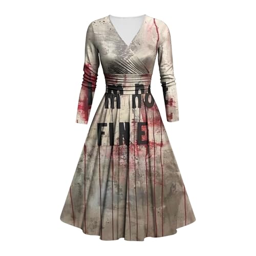 Kostüm Halloween Damen Schrecklich Blutig Halloween-Kleid Horror Blutigem Aufdruck Zombie Braut Kostüm Langen Arme V Neck Herbstkleid A Linie Hohe Taille Knielang Midikleid Cosplay Kostüme(#B Camel,L) von LILIHOT