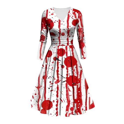 Kostüm Halloween Damen Schrecklich Blutig Halloween-Kleid Horror Blutigem Aufdruck Zombie Braut Kostüm Langen Arme V Neck Herbstkleid A Linie Hohe Taille Knielang Midikleid Cosplay Kostüme(#B Red,L) von LILIHOT