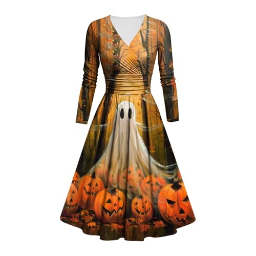 Kostüm Halloween Damen Schrecklich Blutig Halloween-Kleid Horror Blutigem Aufdruck Zombie Braut Kostüm Langen Arme V Neck Herbstkleid A Linie Knielang Midikleid Cosplay Kostüme(#A Brown,3XL) von LILIHOT